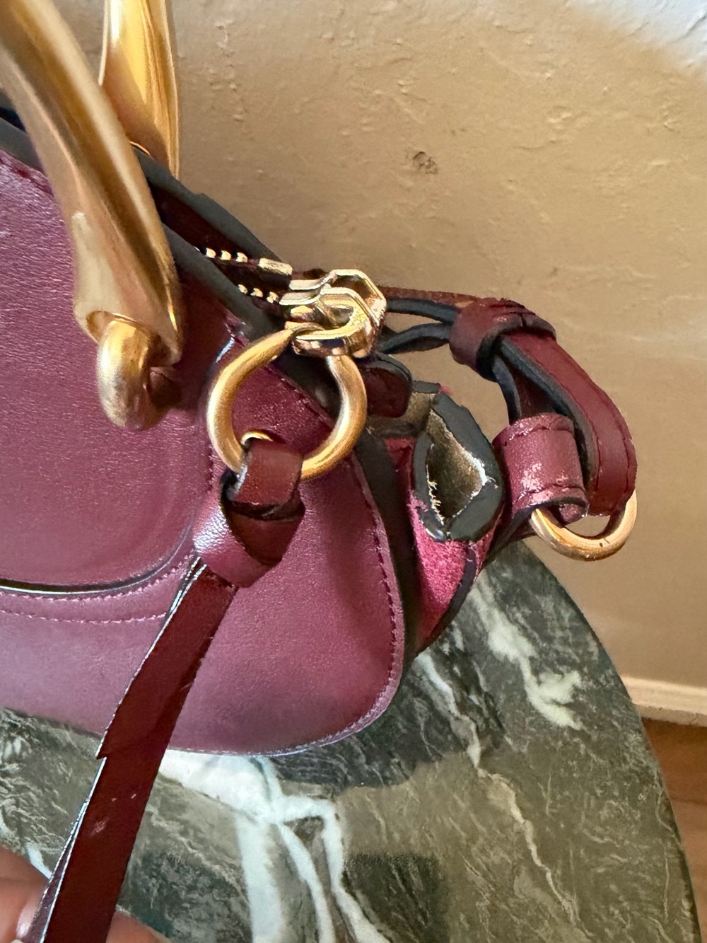 Wine Red Leather Circle Crossbody Bag with Gold Handles - Picture 3 of 7